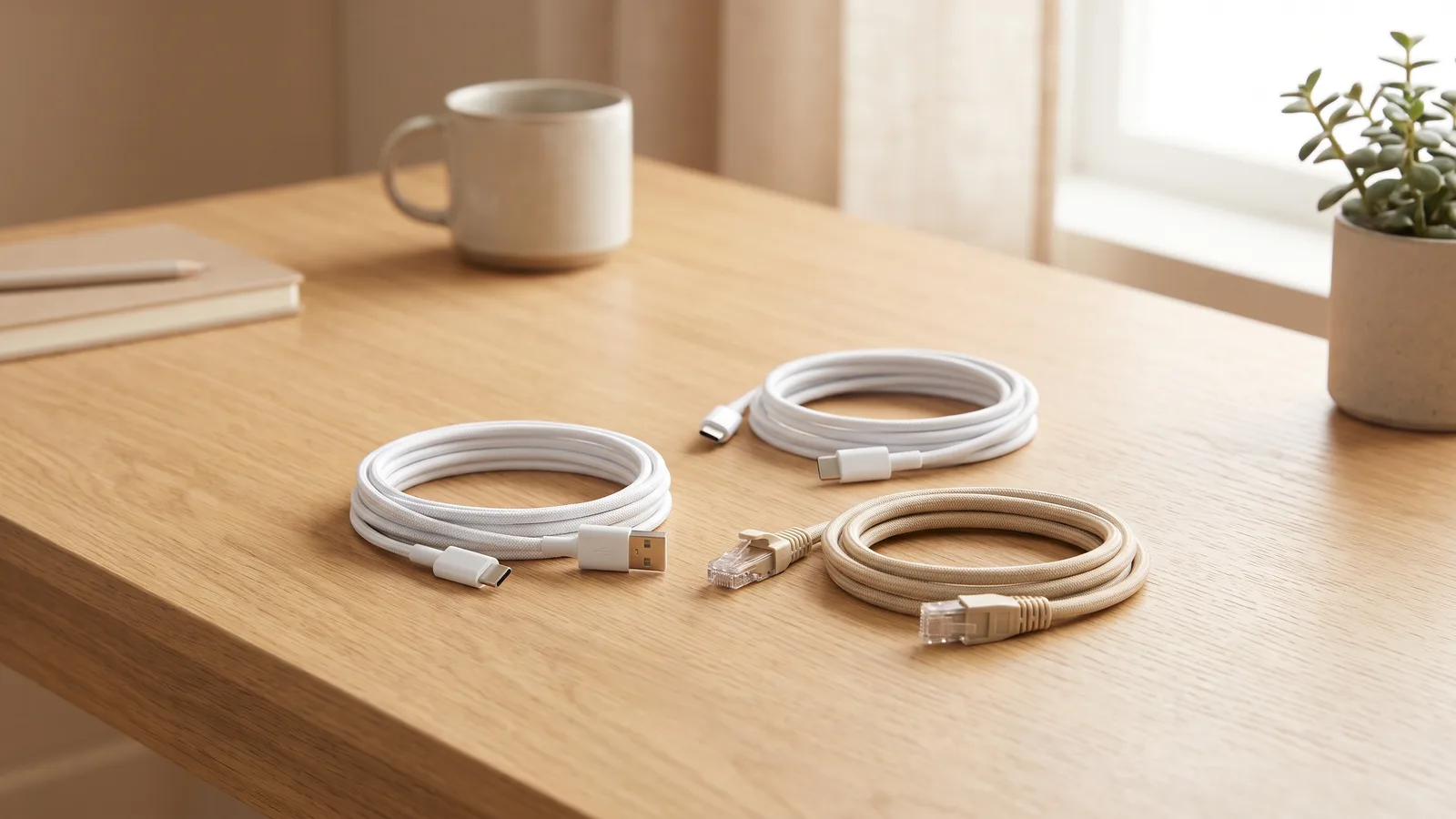 A USB-C to USB-A cable, a USB-C cable and an Ethernet cable coiled on a light wooden table.