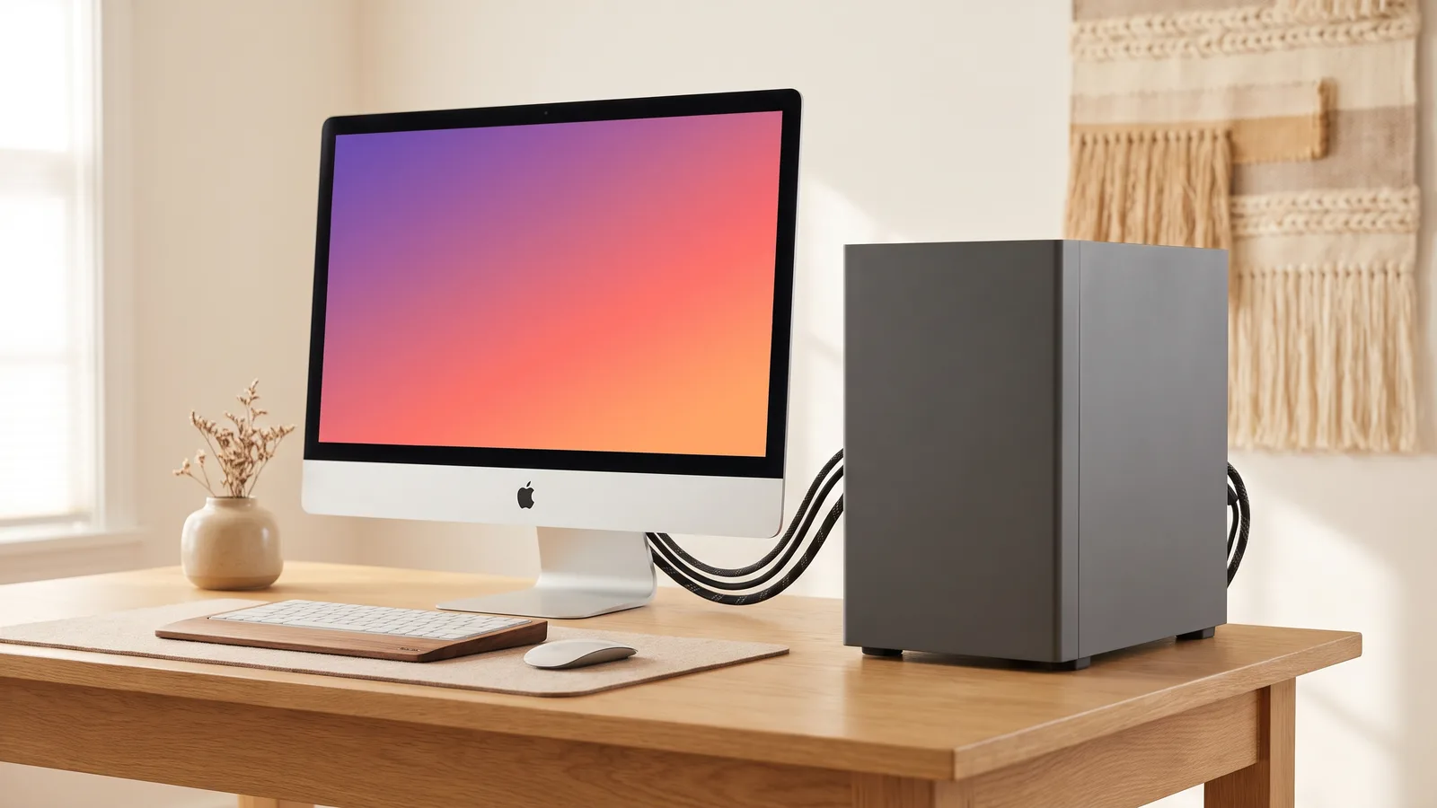 A silver 27-inch iMac on a desk next to a dark desktop PC tower, with cables on the desk.