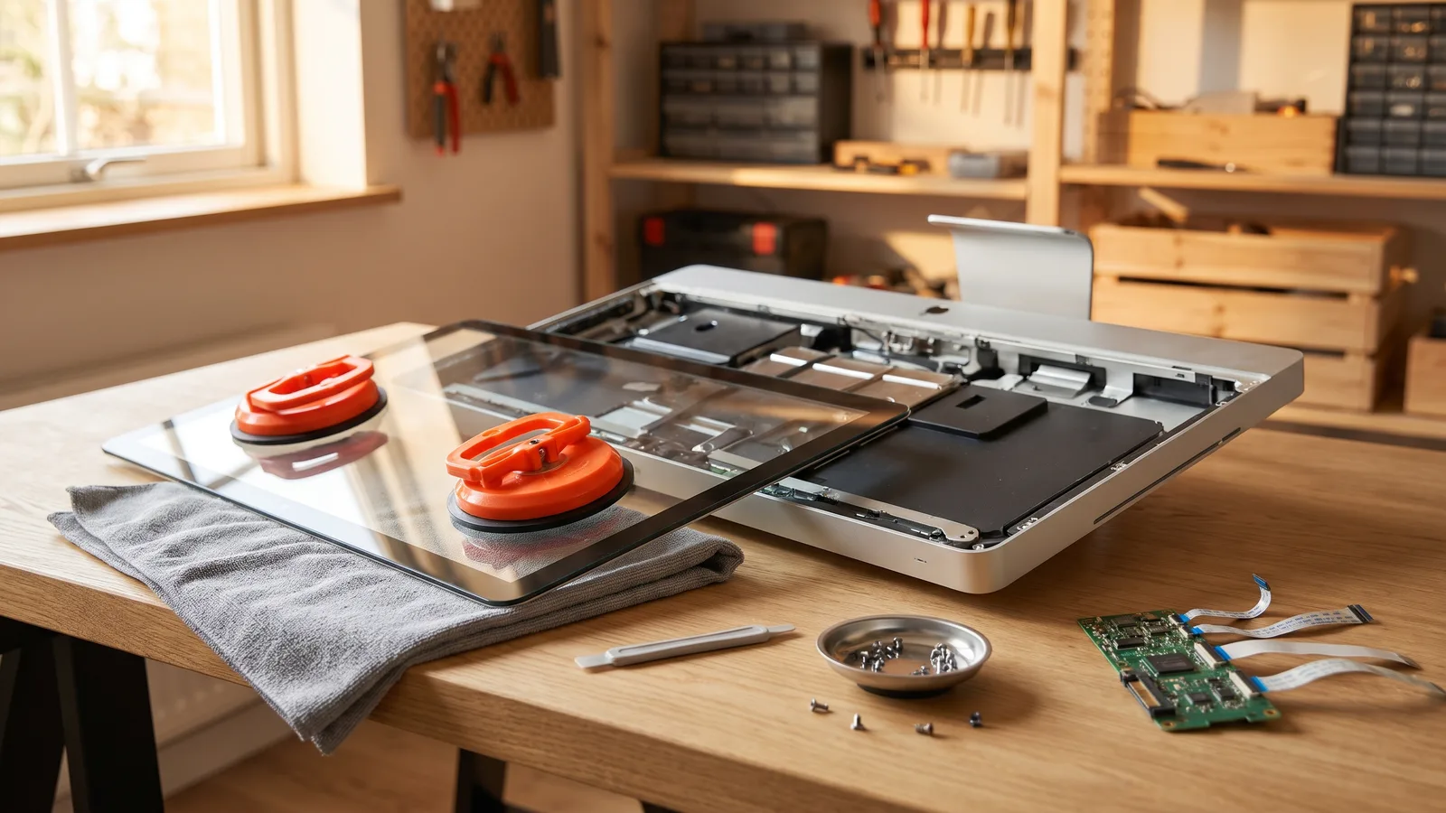 An opened iMac on a workbench, its glass display lifted off with suction cups, with an opening tool and a small driver board beside it.