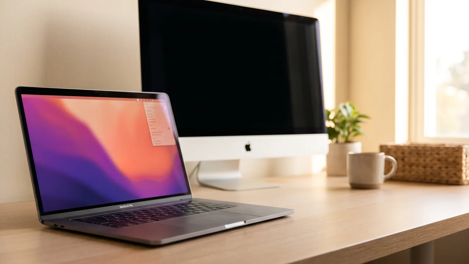 An open MacBook Pro in the foreground with a small menu on screen, and a silver iMac with a dark screen behind it on the desk.