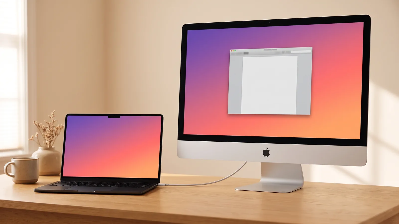 A silver iMac connected with one cable to a MacBook Pro on an oak desk, both screens showing the same warm wallpaper.