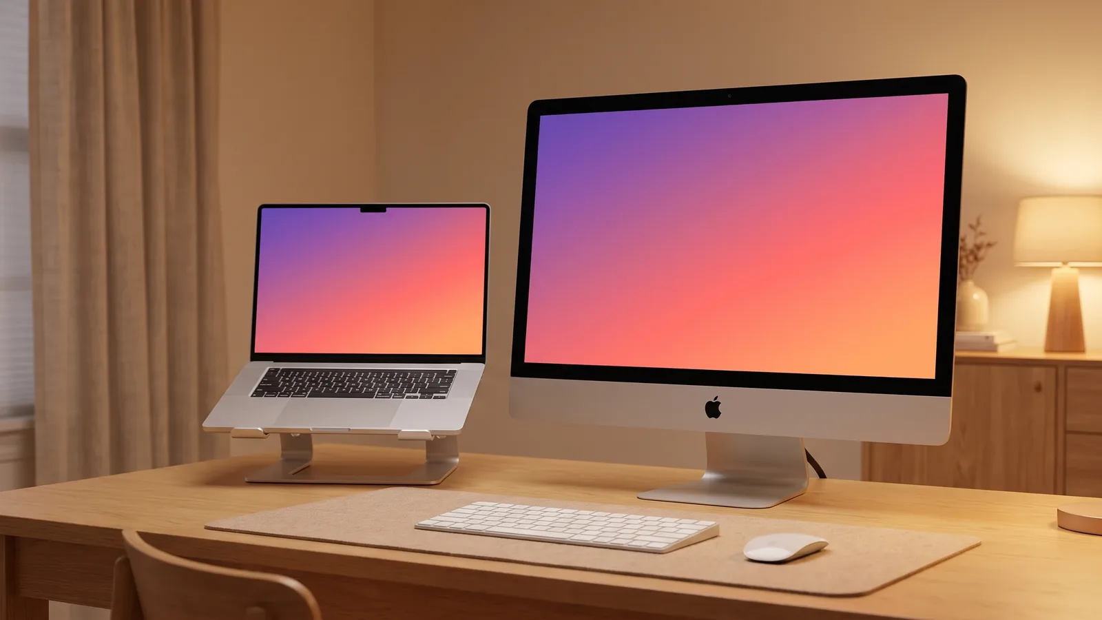 A desk with a silver iMac used as a second screen next to an open MacBook Pro on a stand, with a keyboard and mouse in front.