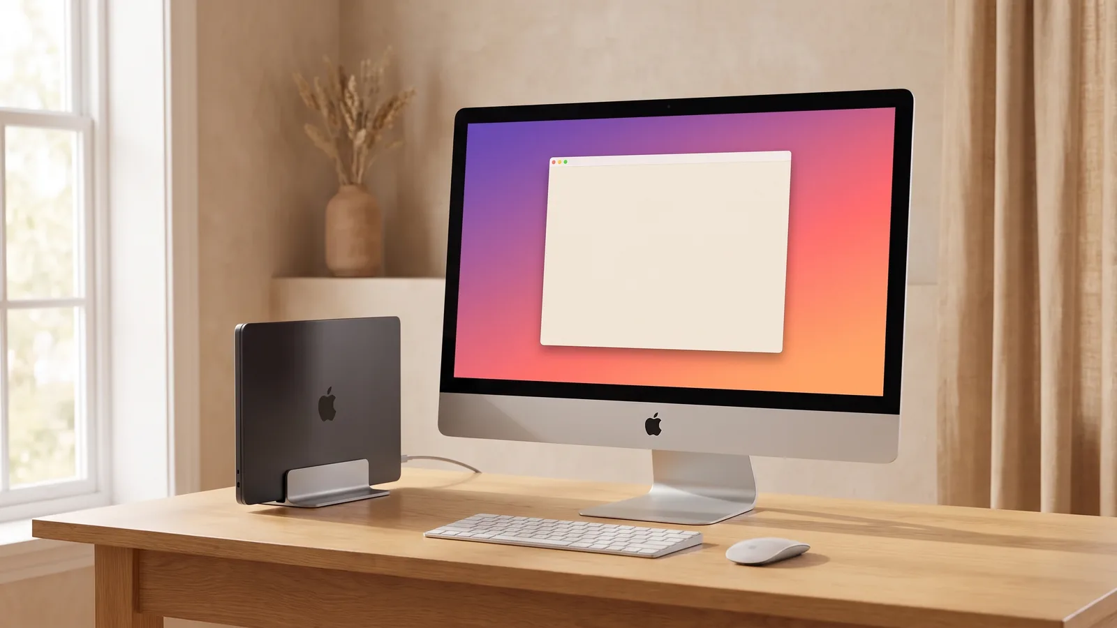 A closed MacBook Pro standing in a vertical stand next to a silver 27-inch iMac, with a keyboard and mouse in front.